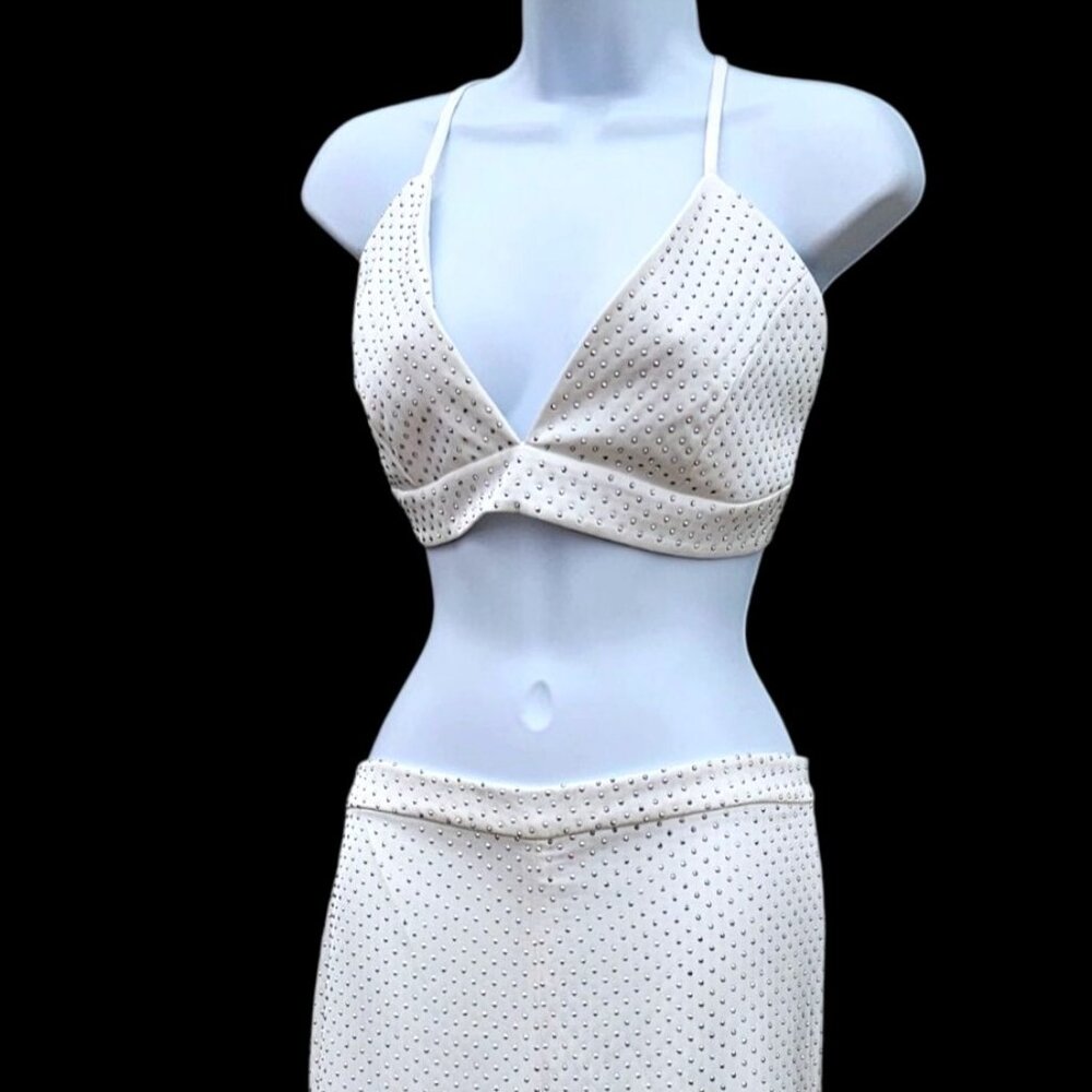 Nadine Merabi White Rhinestone Kira Two-Piece Set Top L Pants XL New - Picture 5 of 16